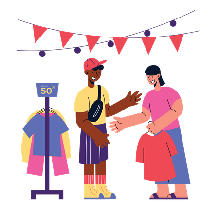 Menino vendendo roupas no festival  Ilustração