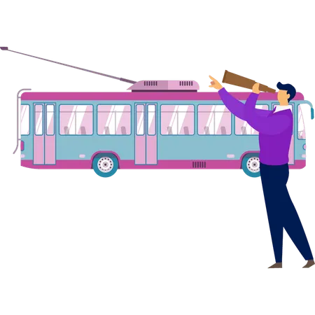 Menino vendo antena de ônibus pelo monocular  Ilustração