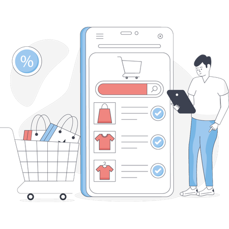 Menino vendo aplicativo de compras para celular  Ilustração