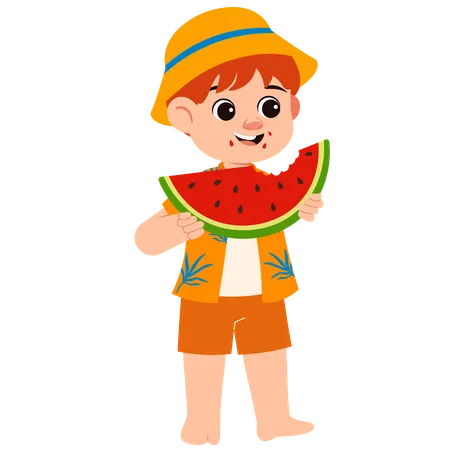 Menino de verão comendo melancia  Ilustração