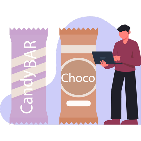 Menino verificando barra de chocolate no laptop  Ilustração