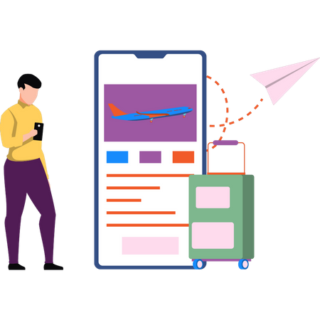 Garoto verificando detalhes do voo on-line  Ilustração