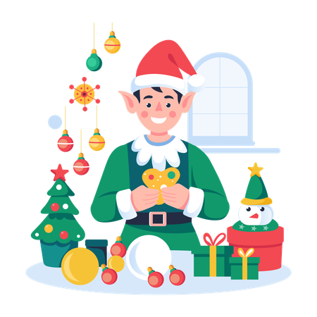 Menino vestindo fantasia de duende de natal  Ilustração