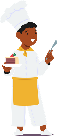 Garotinho vestindo uniforme de chef segura bolo no prato  Ilustração