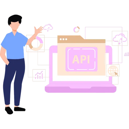 Garoto visualizando a página da API  Ilustração