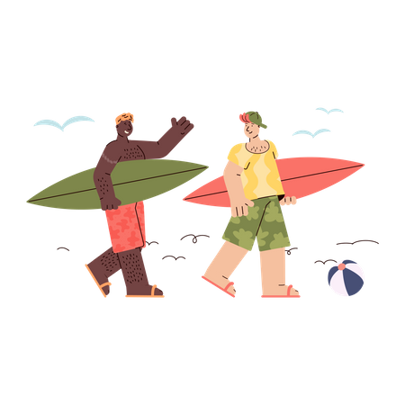 Meninos andando à beira-mar com prancha de surf  Ilustração