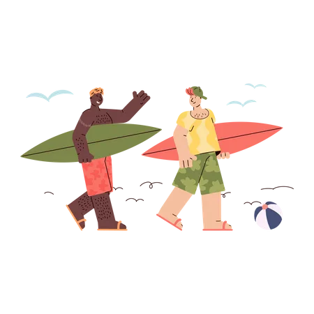 Meninos andando à beira-mar com prancha de surf  Ilustração