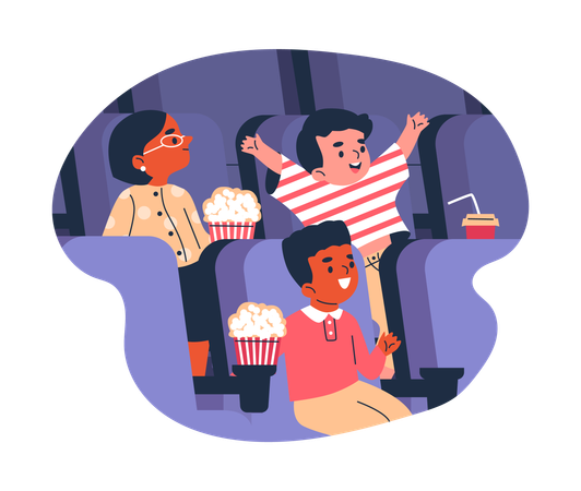 Meninos e meninas sentados no cinema com bebidas e pipoca assistindo a um filme  Ilustração