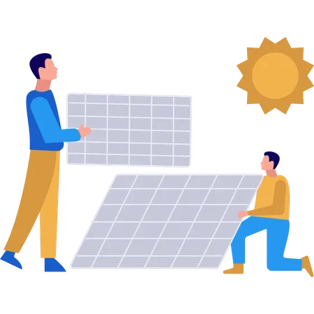 Os meninos estão trabalhando em placas de painéis solares  Ilustração