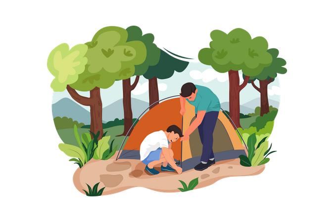 Meninos montando barraca para acampar  Ilustração