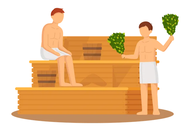 Meninos na sauna a vapor  Ilustração