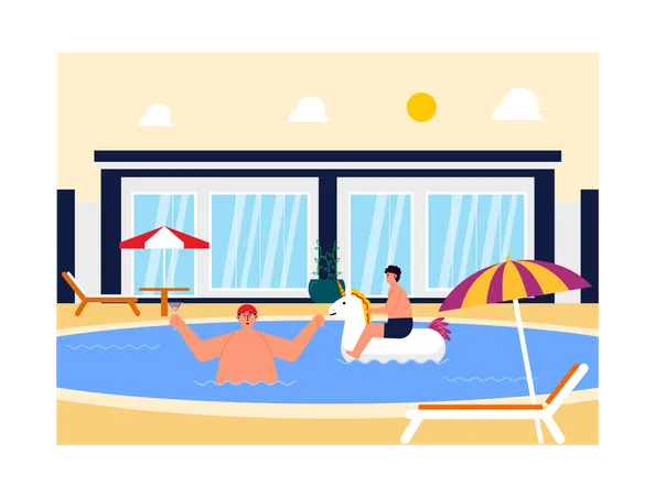 Meninos nadando na piscina durante as férias  Ilustração