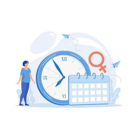 Femme ménopausée debout à son horloge biologique mesurant l'âge  Illustration