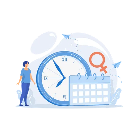 Menopause woman standing at her biological clock measuring age  Illustration
