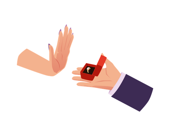 Men's hand holds an open red box with wedding ring marriage proposal and get rejected  engagement disappointment  Illustration