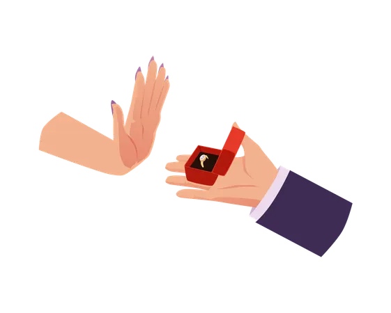 Men's hand holds an open red box with wedding ring marriage proposal and get rejected  engagement disappointment  Illustration