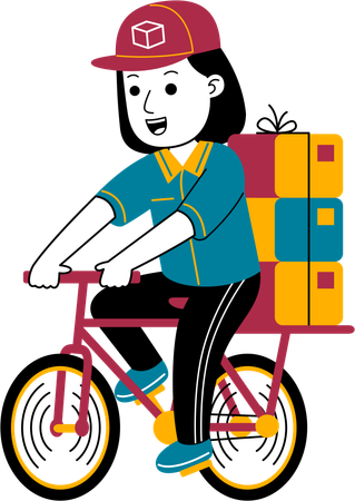Mulher de correio entrega pacote de bicicleta  Ilustração