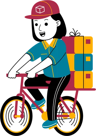 Mulher de correio entrega pacote de bicicleta  Ilustração