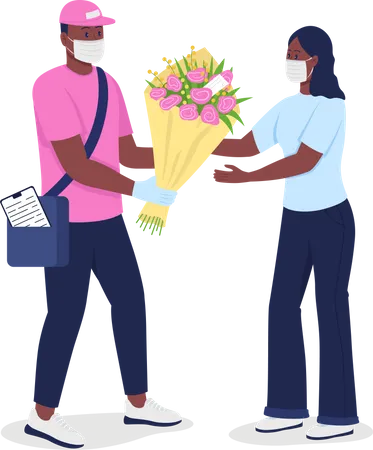 Mensageiro afro-americano com máscara facial dá flores a mulher  Ilustração