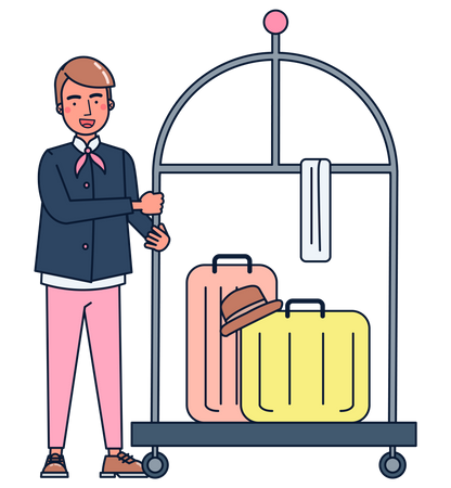 Mensageiro carregando bagagem no carrinho  Ilustração