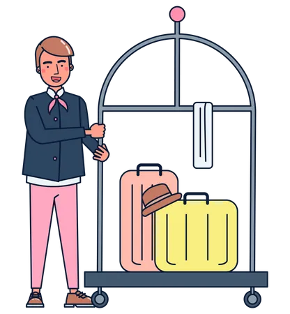 Mensageiro carregando bagagem no carrinho  Ilustração