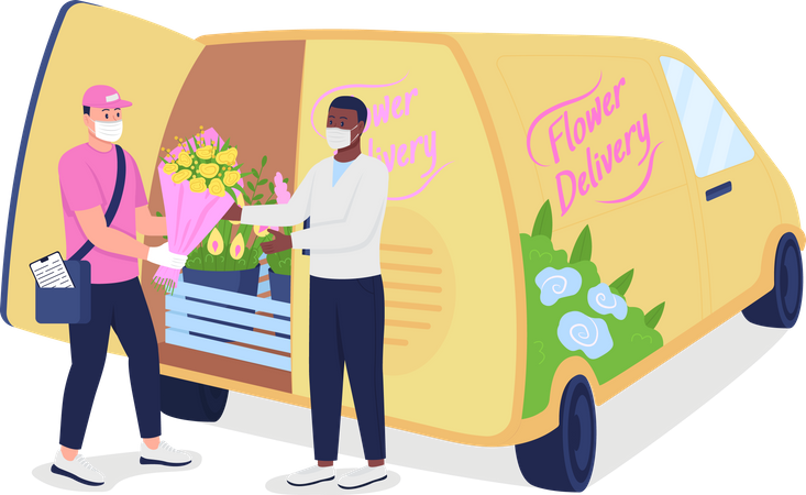 Correio dá flores ao cliente perto do caminhão de entrega  Ilustração