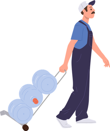 Mensageiro de homem carregando carrinho com água engarrafada  Ilustração