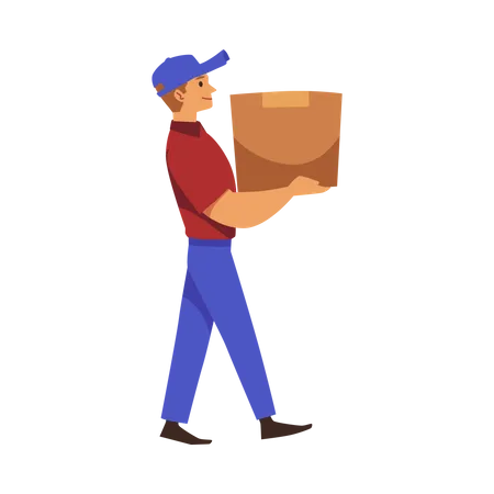 Homem de correio carregando papelão pesado  Ilustração
