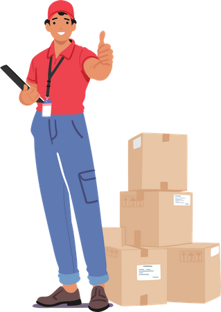 Personagem de entregador com gesto de polegar para cima segura uma prancheta com uma pilha de pacotes por perto  Ilustração