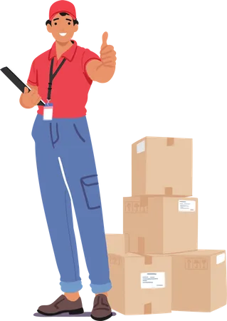 Personagem de entregador com gesto de polegar para cima segura uma prancheta com uma pilha de pacotes por perto  Ilustração