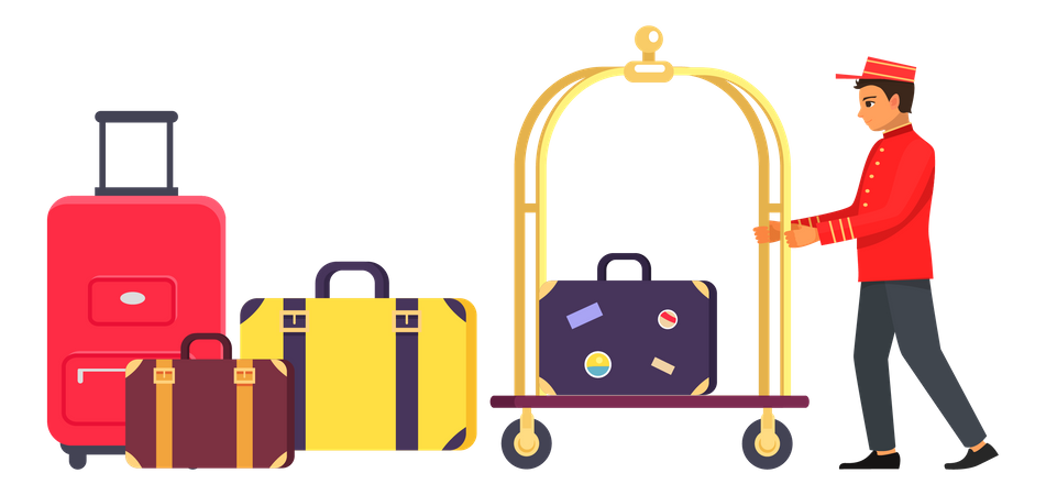 Mensageiro transportando bagagem de hóspedes  Ilustração