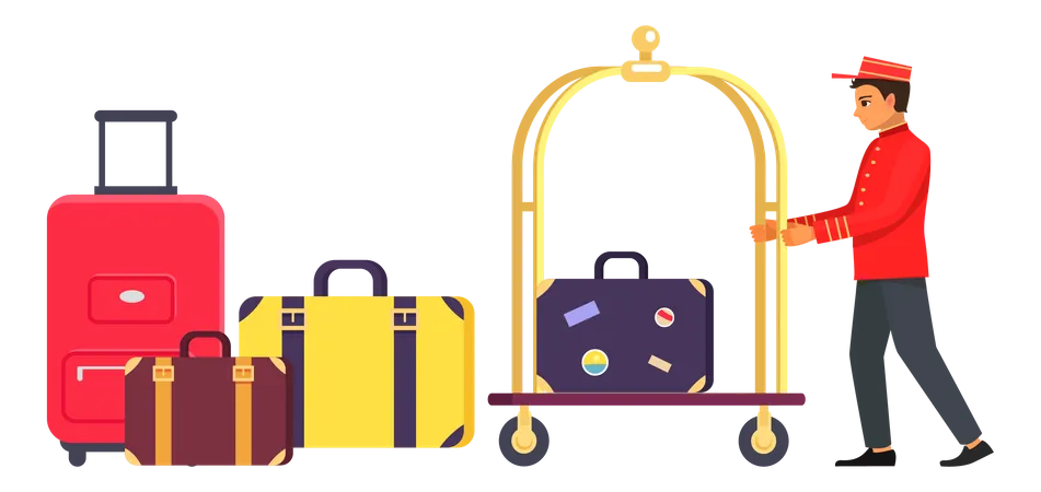 Mensageiro transportando bagagem de hóspedes  Ilustração