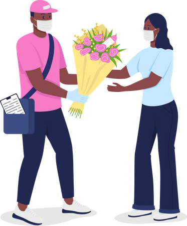 Mensajero afroamericano con mascarilla le da flores a una mujer  Ilustración