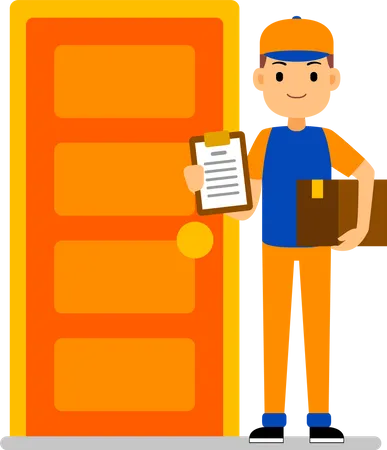 Entrega a domicilio: el mensajero se encuentra cerca de la puerta de casa y sostiene la caja del paquete  Ilustración