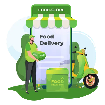 Ilustracion De Servicios De Entrega De Alimentos En Linea Para Sitios Web De Tiendas De Alimentos Y Aplicaciones Moviles De Pedidos De Alimentos En Linea Ilustración