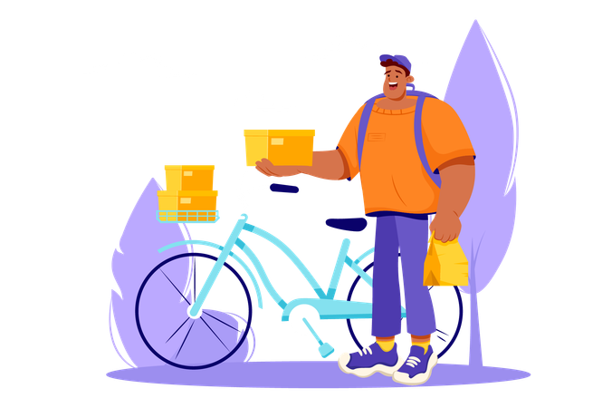 Mensajero entrega cajas a destino en bicicleta  Ilustración