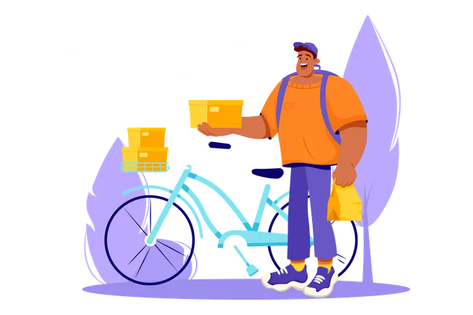 Mensajero entrega cajas a destino en bicicleta  Ilustración