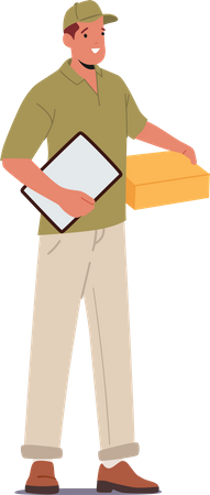 Mensajero masculino con factura y caja  Ilustración