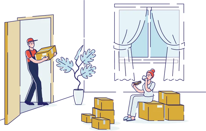 Mensajero trayendo cajas de cartón en el salón para una clienta del servicio de entrega  Ilustración