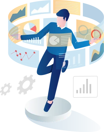 Mann führt Datenanalyse mithilfe von VR-Technologie durch  Illustration