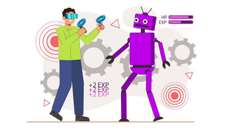 Mann interagiert mit Roboter über VR-Controller  Illustration