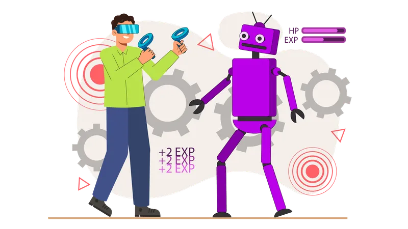 Mann interagiert mit Roboter über VR-Controller  Illustration