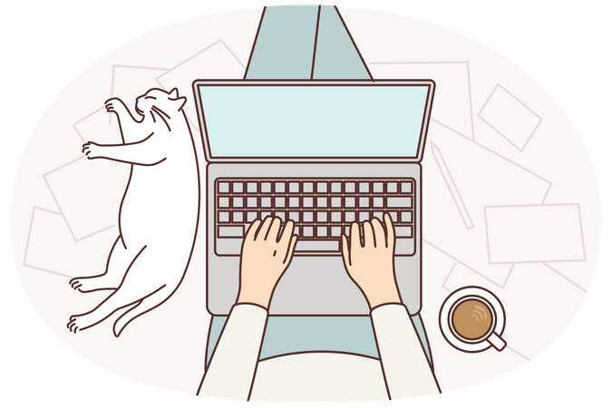 Mensch mit Laptop auf den Knien sitzt auf dem Boden und erledigt Online-Arbeit in der Nähe einer schlafenden Katze und einer Tasse Kaffee  Illustration
