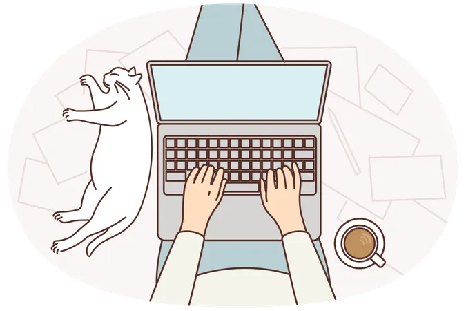Mensch mit Laptop auf den Knien sitzt auf dem Boden und erledigt Online-Arbeit in der Nähe einer schlafenden Katze und einer Tasse Kaffee  Illustration