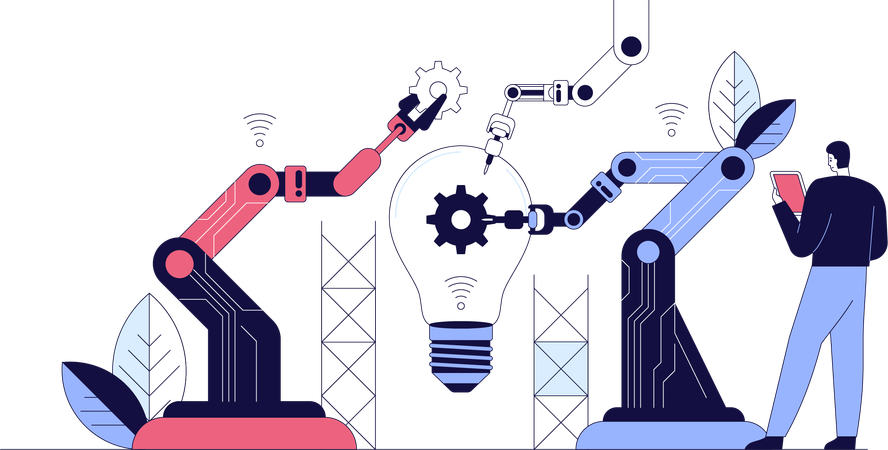 Mann überwacht Robotermanagement  Illustration