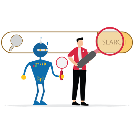 Mensch und Roboter nutzen Lupe bei der Internetsuche  Illustration