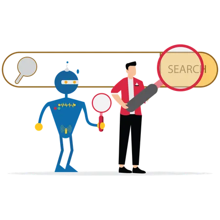 Mensch und Roboter nutzen Lupe bei der Internetsuche  Illustration