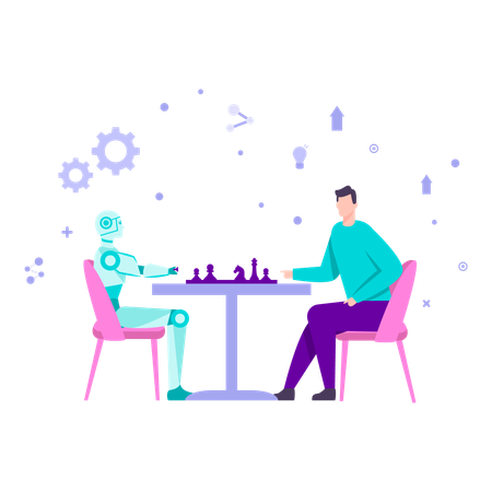 Mensch und Roboter spielen gemeinsam an einem Tisch Schach  Illustration