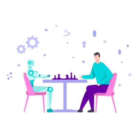 Mensch und Roboter spielen gemeinsam an einem Tisch Schach  Illustration