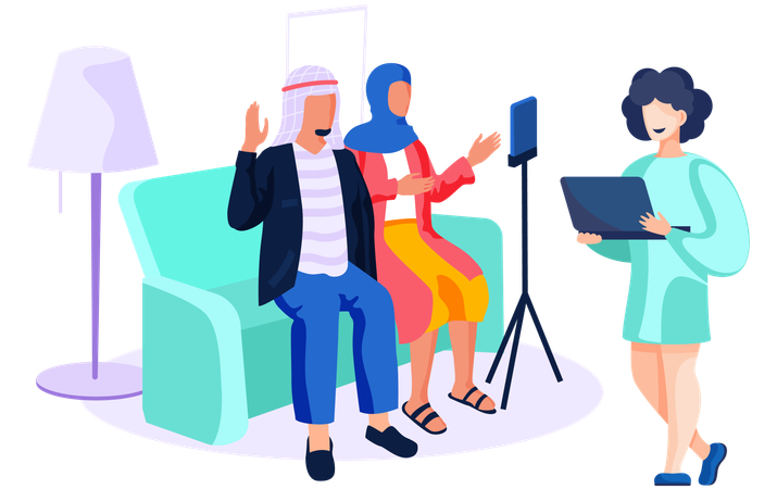 Menschen arabischer Nationalität geben Interviews vor der Kamera und Frau mit Laptop in der Hand  Illustration